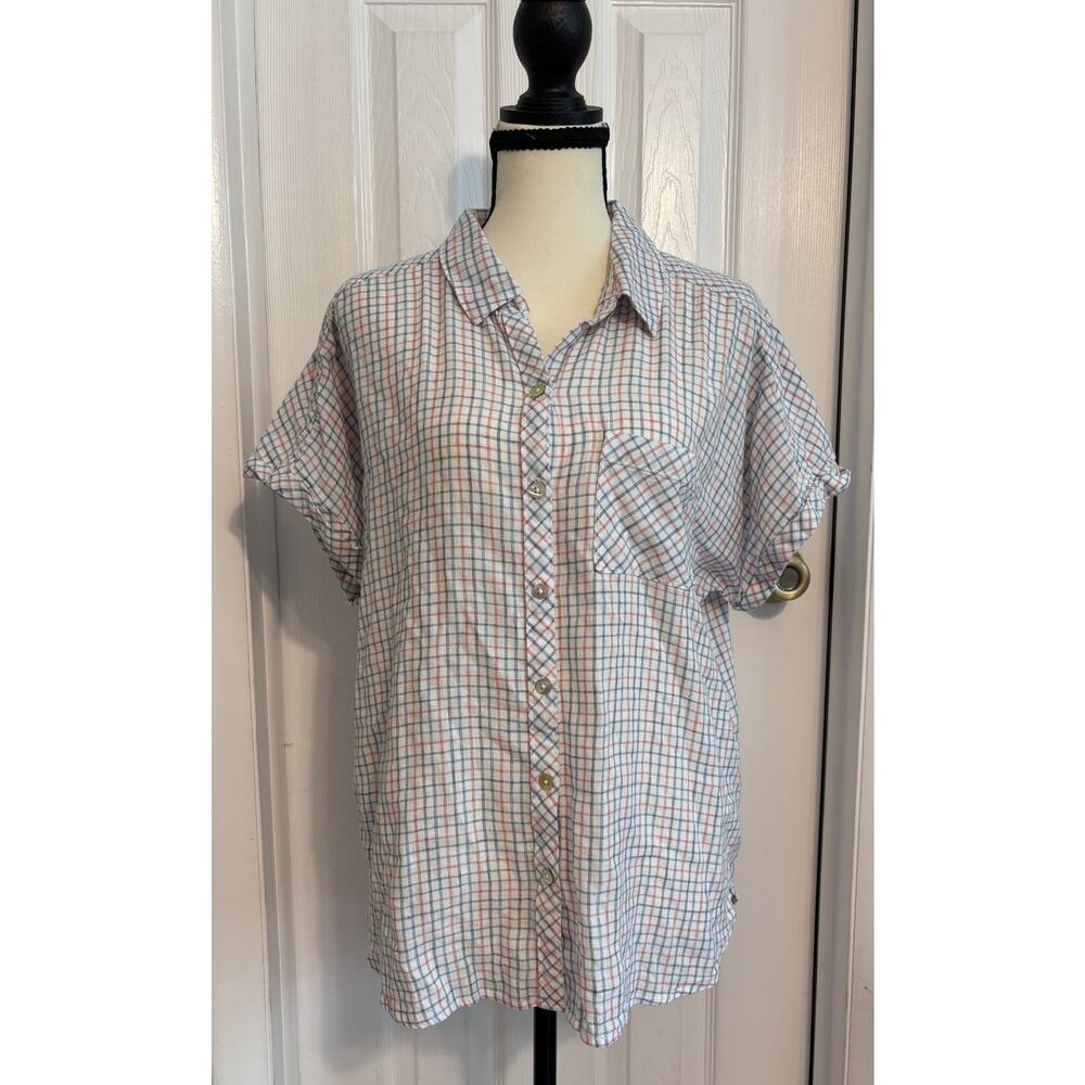 Faherty Button Down Cap Sleeve Red White & Blue Plaid Womens Large